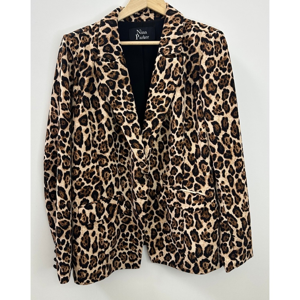 Nina Parker Leopard Animal Print Blazer Jacket Career Office Chic Plus Size 2X - Picture 2 of 11